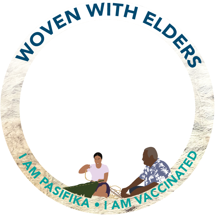 Social media profile frame with cartoon image of a Pacific Islander woman weaving cloth siting next to an elder man. Text reads, "Woven with elders. I am pasifika. I am vaccinated."