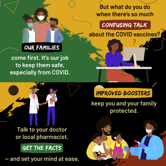 Four static graphics of Black family members wearing masks, searching on a computer, talking with a doctor, and getting vaccinated. Background is yellow, green, red, and black themed for Black History Month.