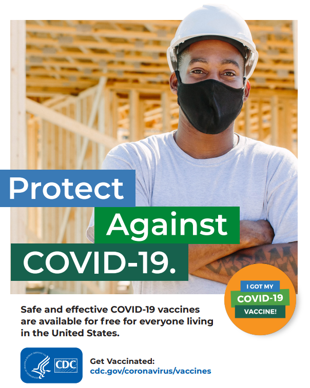 Image of a Black male in a hard hat wearing a mask behind a phrase that says "Protect from COVID-19."