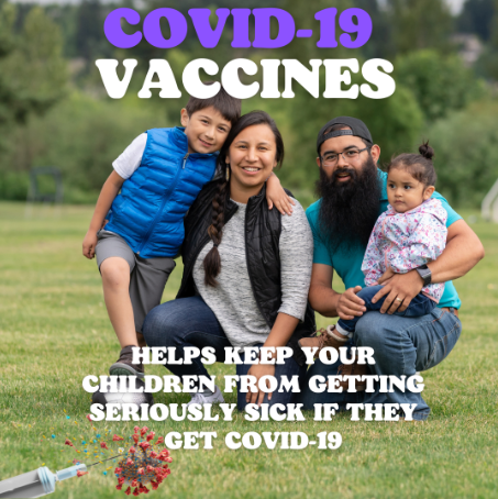 Family of four, including a mom, dad, son, and daughter, outside in the grass with purple and white text and an image of a vaccine syringe at the bottom left corner.