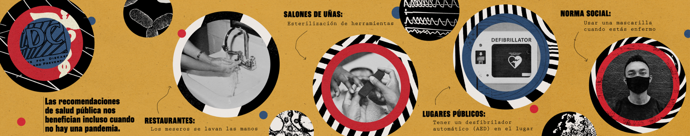 Images and text depicting public health related protections in everyday life like handwashing for restaurant workers, sanitizing instruments at nail salons, and having an AED in public. One young man is pictured in the last graphic wearing a mask.
