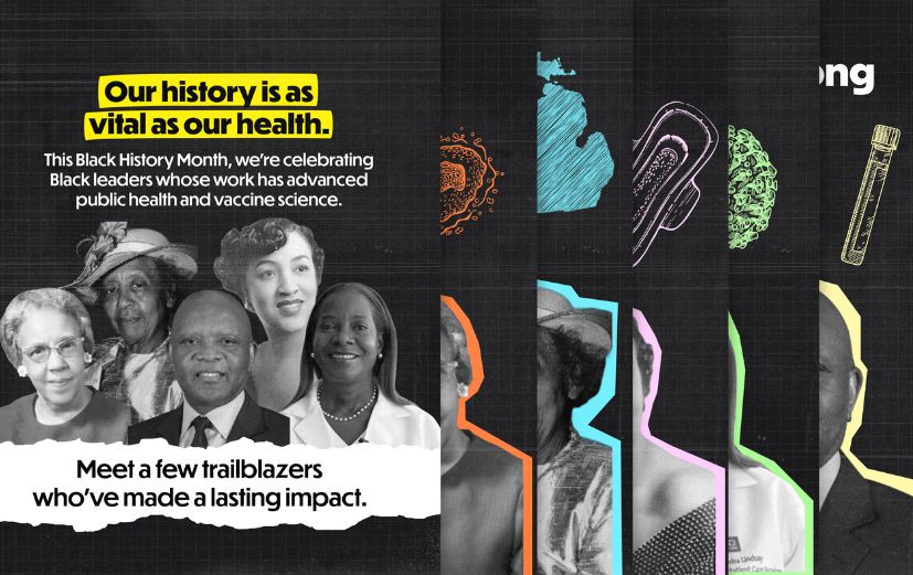 Six-slide carousel celebrating Black leaders in public health and science: Dr. Ruth E. Moore, Loney O. Clinton Gordon, Mary Beatrice Davidson Kenner, Sandra Lindsay, RN, and Dr. John Nkengasong. Each slide has a dark grid-textured background with colorful text highlights. Each slide includes a photo of the leader, a description of their work, and colorful line drawings depicting their work.