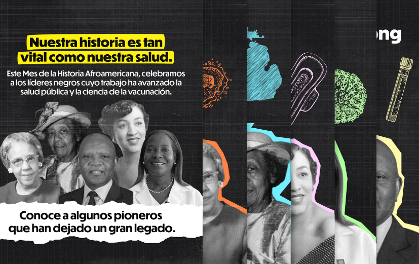 Six-slide carousel celebrating Black leaders in public health and science: Dr. Ruth E. Moore, Loney O. Clinton Gordon, Mary Beatrice Davidson Kenner, Sandra Lindsay, RN, and Dr. John Nkengasong. Each slide has a dark grid-textured background with colorful text highlights. Each slide includes a photo of the leader, a description of their work, and colorful line drawings depicting their work.