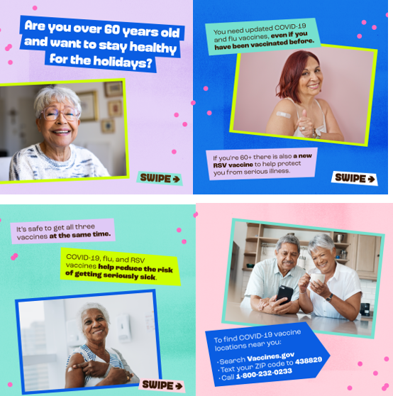 Image with four panels, first includes an elderly Asian woman smiling, second includes an elderly Latina woman smiling after receiving a vaccination shot, third includes an elderly Black woman smiling after receiving a vaccination shot, and fourth includes an elderly Latino couple searching information about the COVID vaccine.