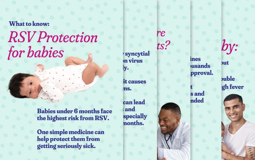 Each slide has a light green polka dot background with diverse photos of babies, doctors, and parents. Each slide has a headline in bold pink with answers below in blue text: “RSV protection for babies,” “What is RSV?” “What medicines are available for infants?” “Do they work?” “What you can do for your baby.”