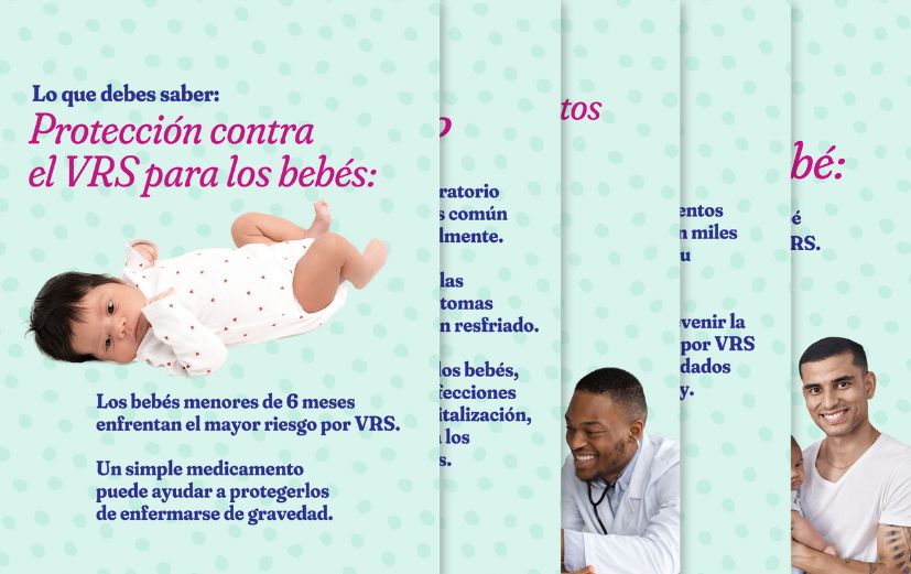 Each slide has a light green polka dot background with diverse photos of babies, doctors, and parents. Each slide has a headline in bold pink with answers below in blue text: “RSV protection for babies,” “What is RSV?” “What medicines are available for infants?” “Do they work?” “What you can do for your baby.”