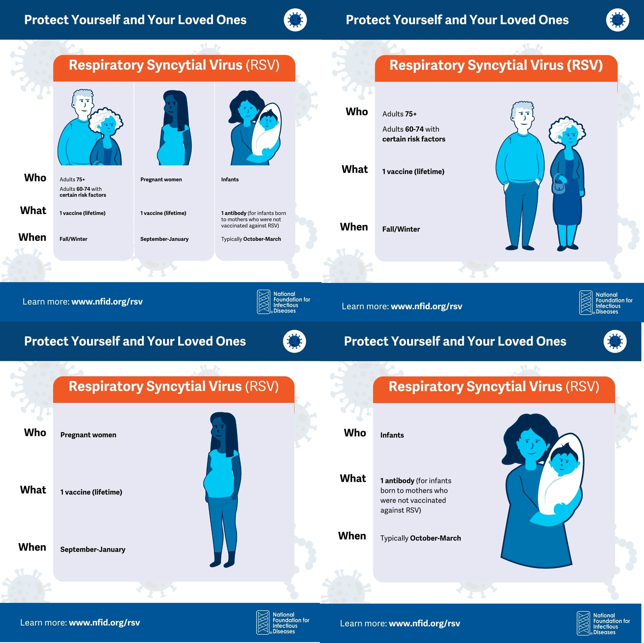 Graphics for social media show RSV immunization information.