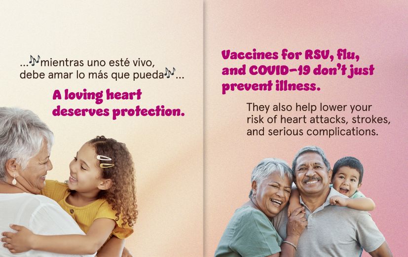 Both slides have pastel backgrounds with photos of older adults playing with young children. Slide 1: Text bordered by musical notes reads: “mientras uno esté vivo, debe amar lo más que pueda.” Large magenta text reads: “A loving heart deserves protection.” Slide 2: “Vaccines for RSV, flu, and COVID-19 don’t just prevent illness. They also help lower your risk of heart attacks, strokes, and serious complications.”