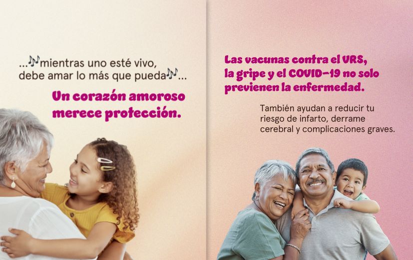 Both slides have pastel backgrounds with photos of older adults playing with young children. Slide 1: Text bordered by musical notes reads: “mientras uno esté vivo, debe amar lo más que pueda.” Large magenta text reads: “A loving heart deserves protection.” Slide 2: “Vaccines for RSV, flu, and COVID-19 don’t just prevent illness. They also help lower your risk of heart attacks, strokes, and serious complications.”