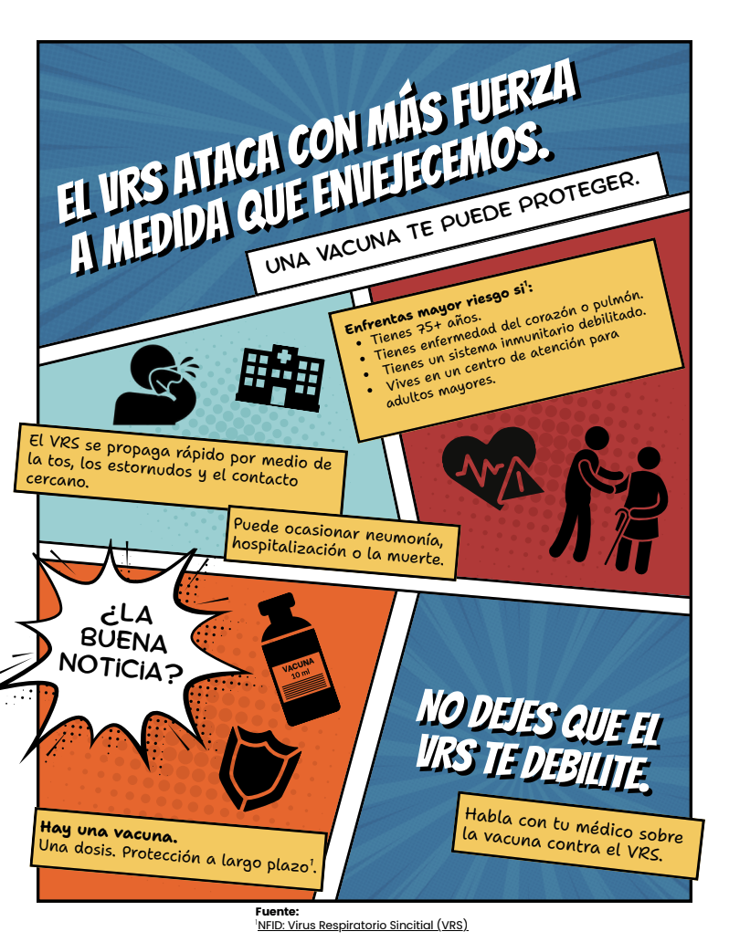 Flyer with text above that reads, "RSV hits harder as you get older." "One shot can protect you." The flyer reminds people that RSV symptoms get worse with age with people 75 plus and immunocompromised people being at higher risk. Explains that RSV spreads fast through coughs, sneezes, and close contact and that one dose of the vaccine protects long-term. Final message, "Don't let RSV take you down." "Talk to your doctor about the RSV vaccine."