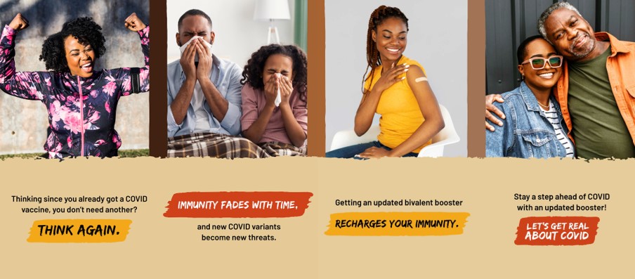 Four images of Black people: a Black woman flexing her arms, a family of a father and two children blowing their nose, a woman with an adhesive bandage on her arm, and an older man and woman hugging and smiling. Text encourages COVID boosters to improve immunity. 
