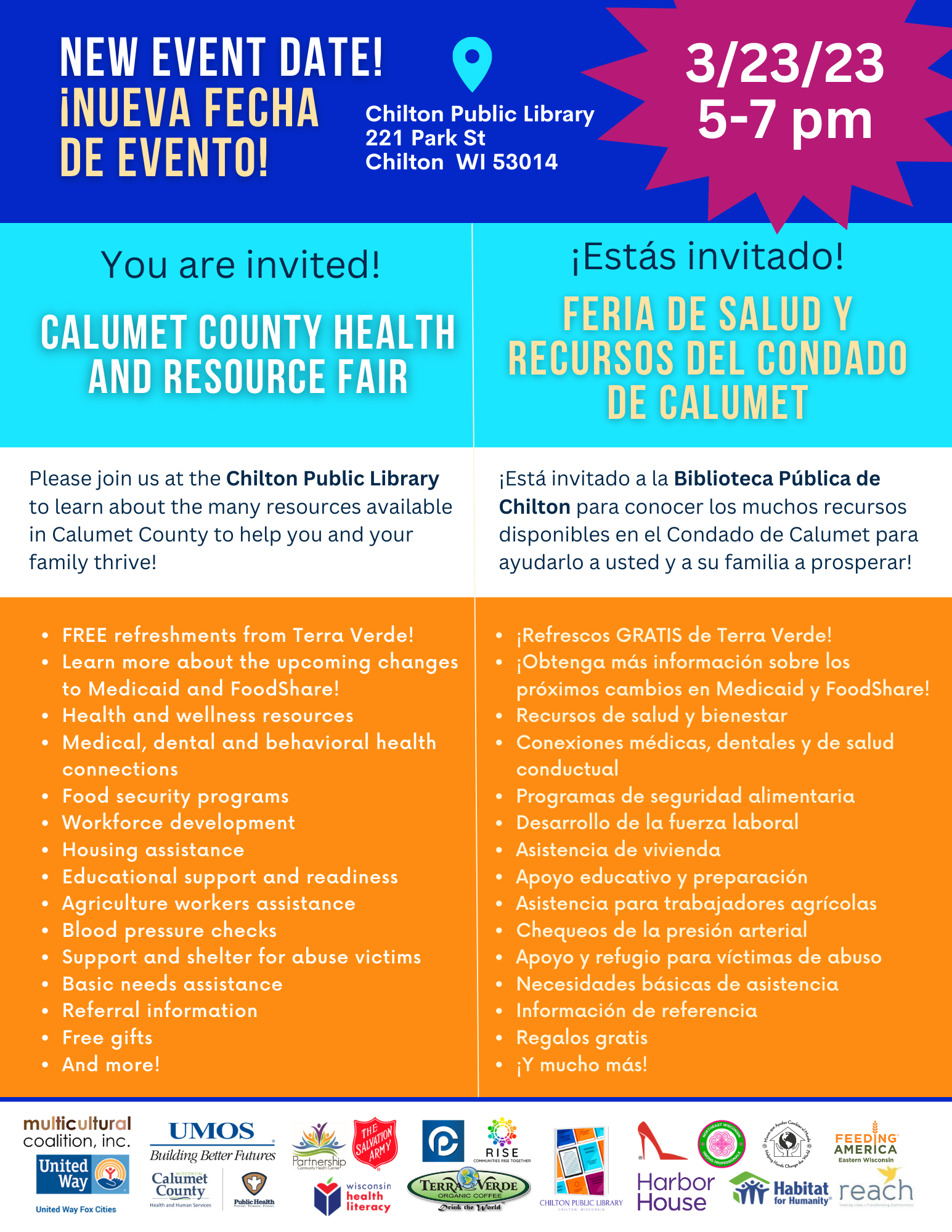 English and Spanish text on blue, orange, and white background to promote a clinic event for COVID-19 boosters