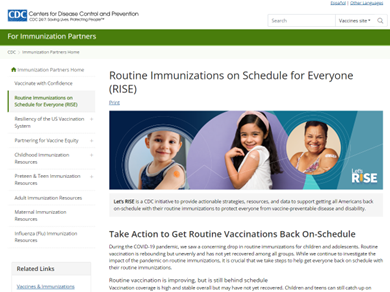 Image of CDC webpage 'Routine Immunizations on Schedule for Everyone (RISE)'