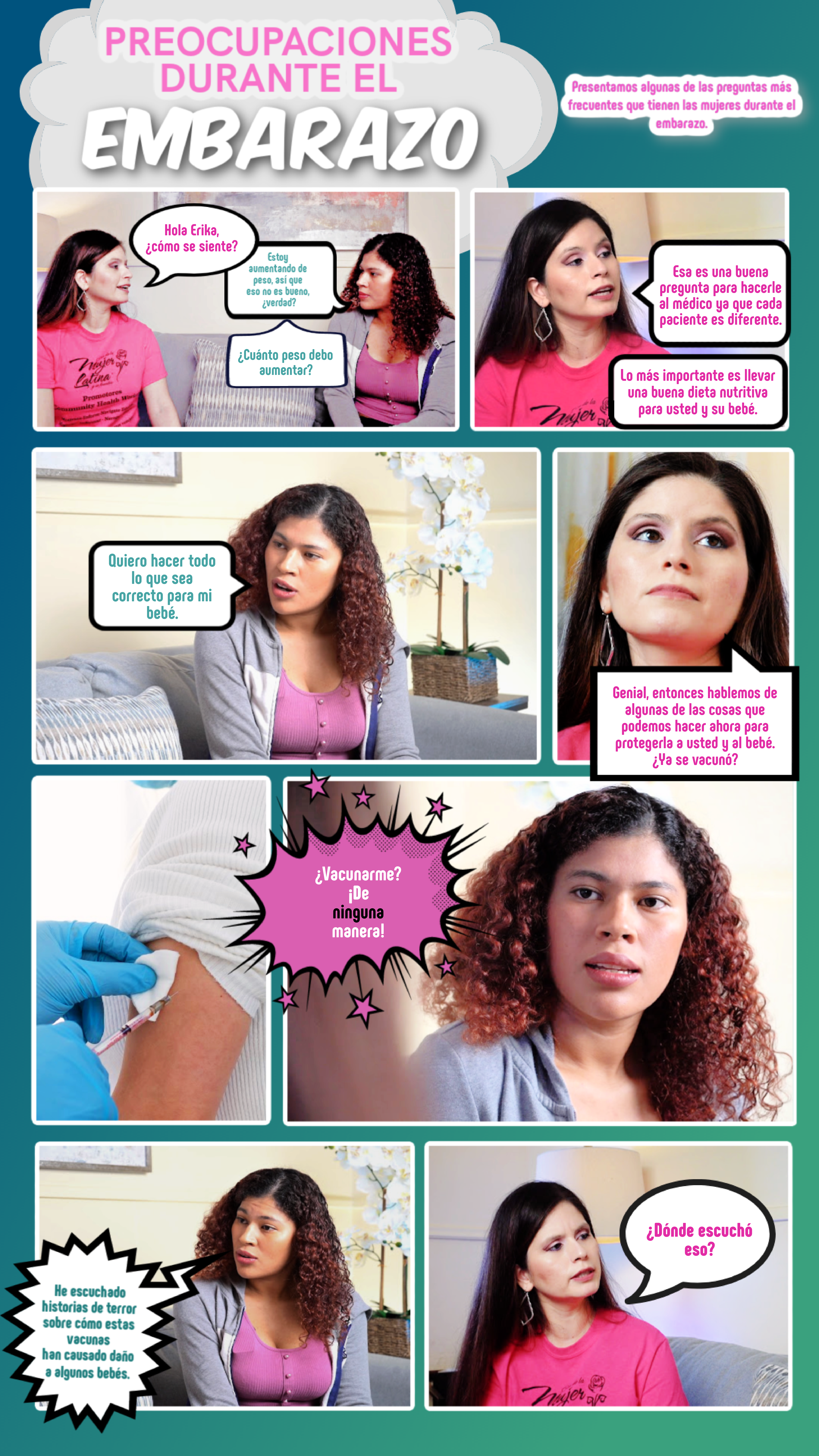 Comic strip of two Latina women discussing vaccines for pregnant women