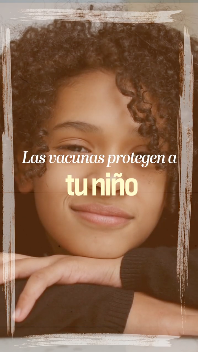 Vaccines protect your child, family, and community Video shows clips of a smiling child, parents playing with a young child, a group of different aged individuals. Text rotates to read: “Vaccines protect your child. Vaccines protect your family. Vaccines protect your community.” Next frame shows a purple background with text that reads: "The American Academy of Pediatrics recommends every child get vaccinated against certain diseases at specific ages for the best protection."