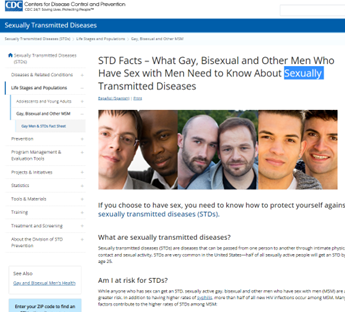 Screenshot of CDC webpage for STD facts. The image shows multicultural men. .
