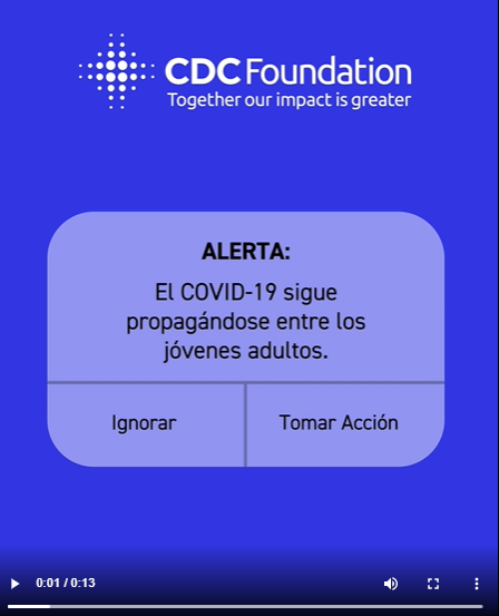 cell phone-type screen with an alert that says in Spanish COVID-19 is continuing to spread among young adults. The CDC Foundation logo is at the top.