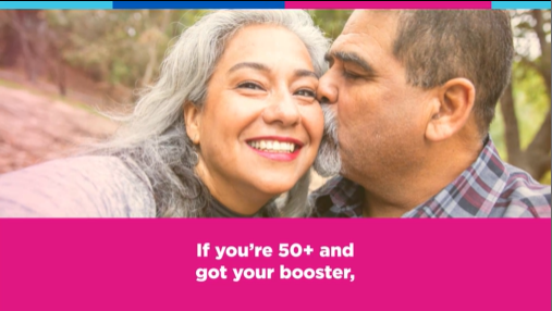 An older adult couple of a woman smiling and a man kissing her check. Text reads, "If you're 50+ and got your booster,"