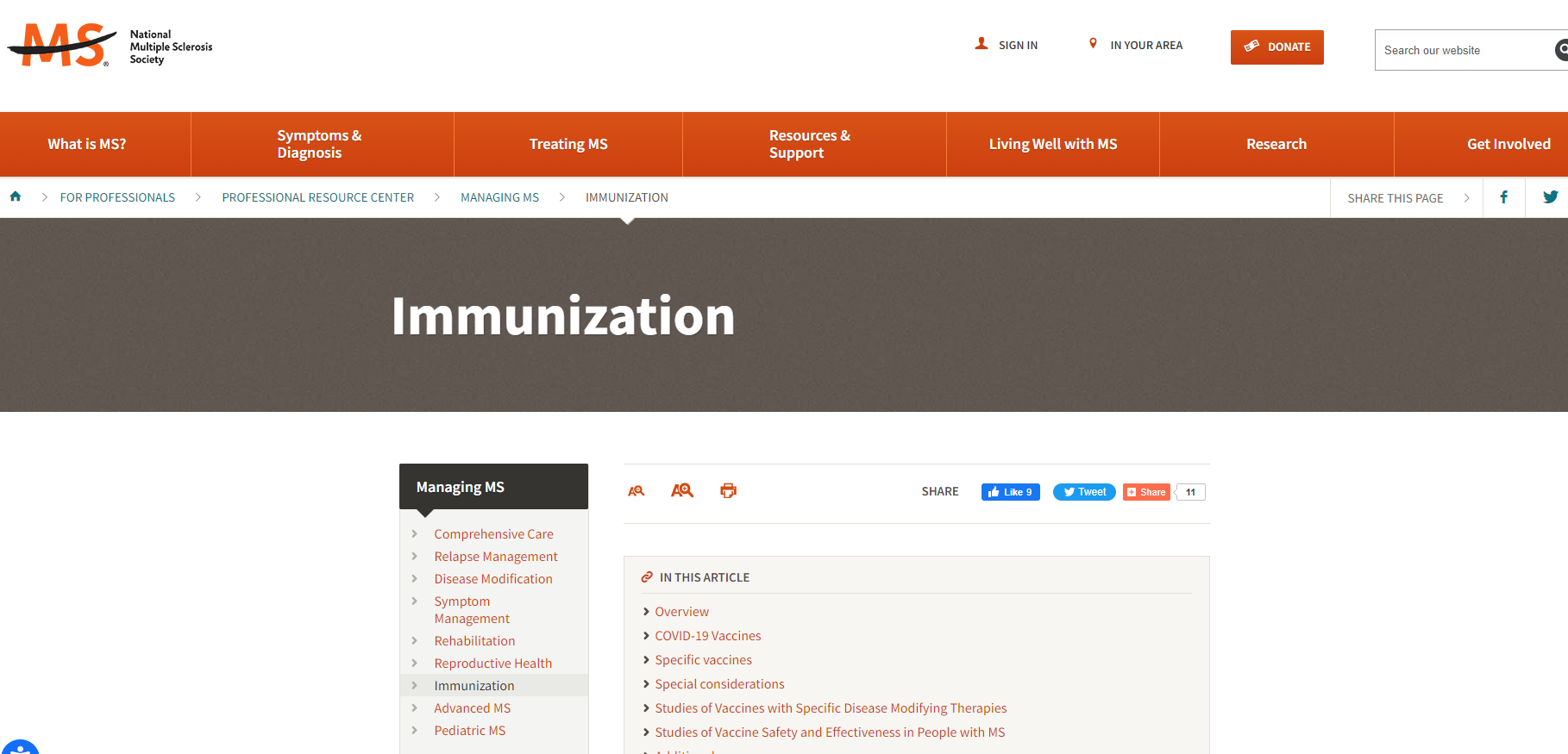 Webpage shows an orange banner at the top. A gray banner below it has the title "Immunization". Below the banners are multiple hyperlinked resources and text.