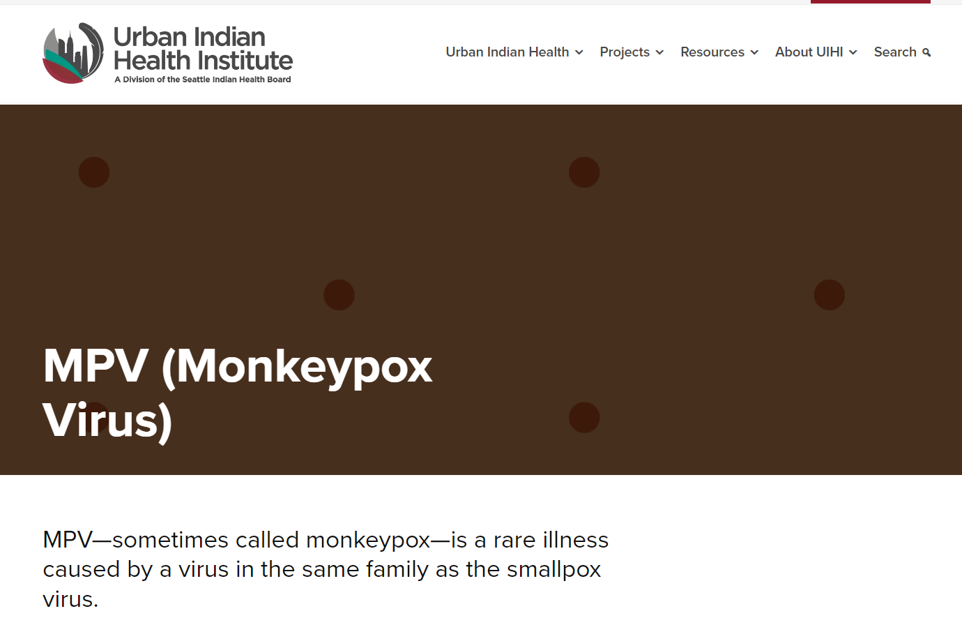 UIHI webpage shows a large brown header that says MPV (Monkeypox Virus)
