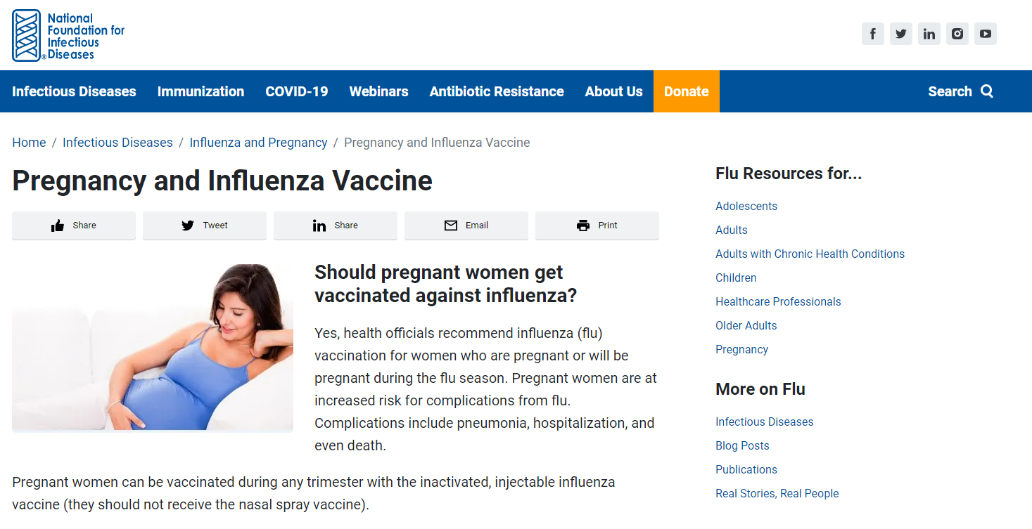 Image of the factsheet with a picture of a pregnant woman in blue tank top touching belly in the top left corner next to article text.