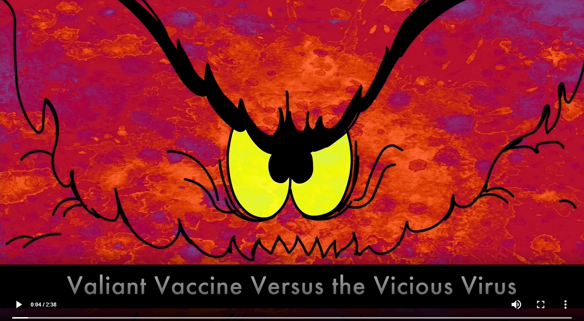 A cartoon monster face over text that reads, "Valiant Vaccine vs. the Vicious Virus"