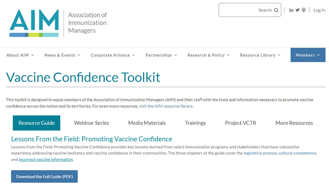 AIM vaccine confidence toolkit webpage