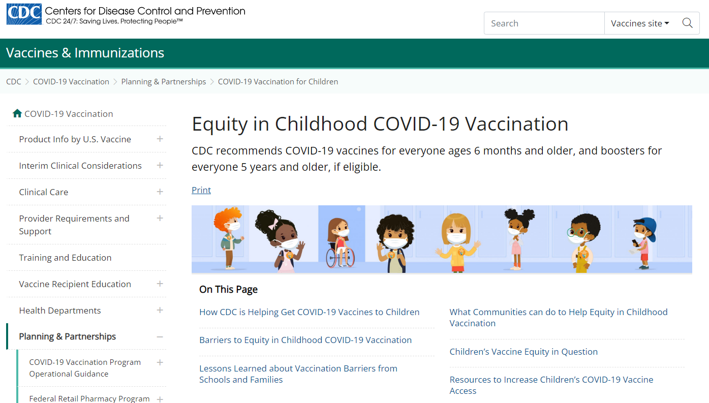 CDC Webpage for Equity in Childhood COVID-19 Vaccination