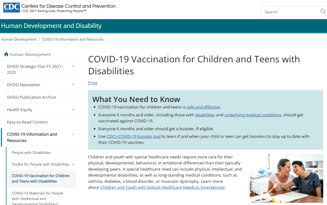 CDC webpage with a photo of a woman and teenager laughing