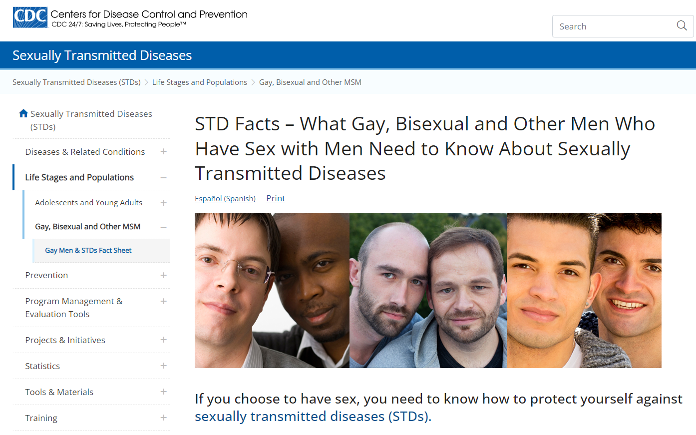 Screenshot of CDC webpage for STD facts. The image shows multicultural men.