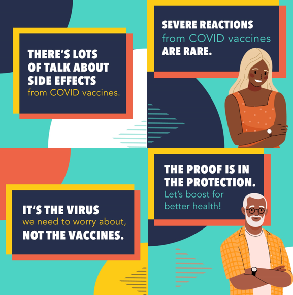 A four-paned carousel image discusses how rare COVID-19 vaccine side effects are, with images of a man and a woman of color smiling.