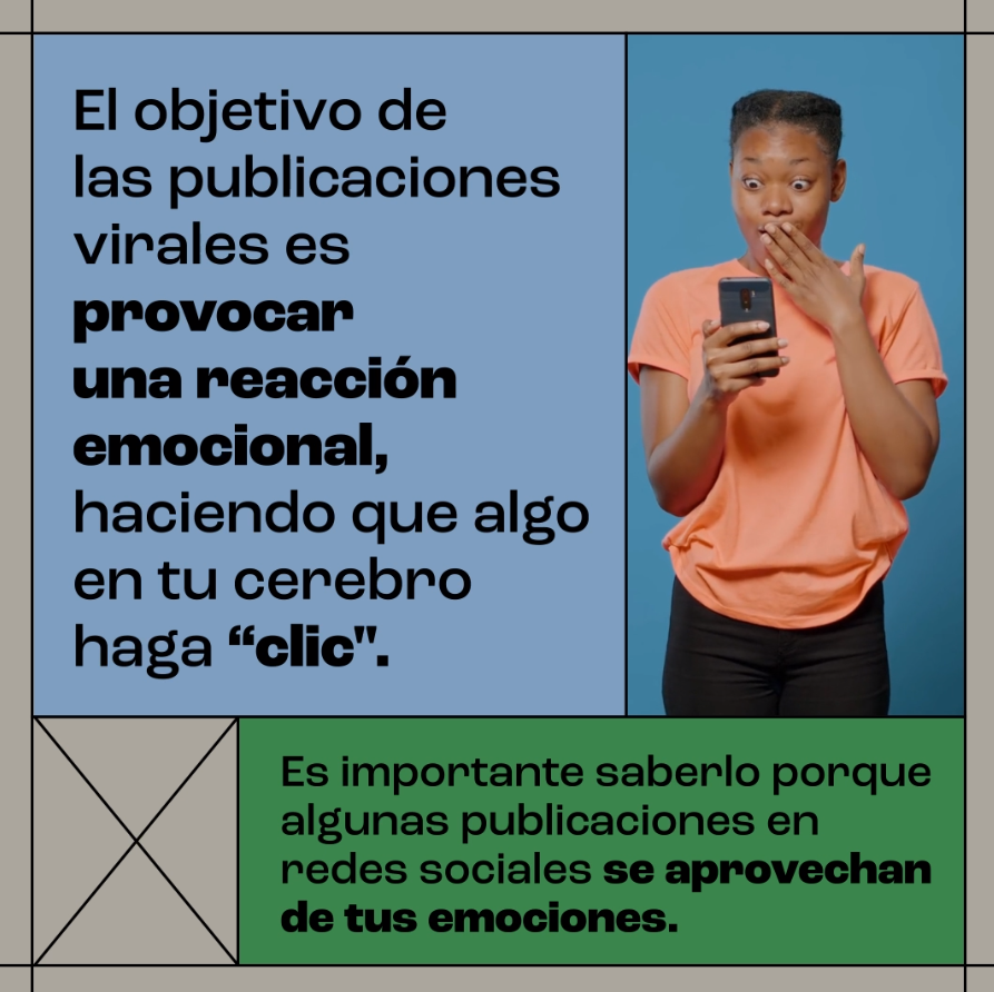 Video still explains how viral posts on social media seek to elicit an emotional reaction in us, with the image of a woman of color holding her smart phone with a shocked expression on her face.