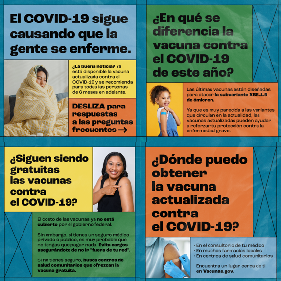 A four-paned carousel image answers FAQs about the updated COVID-19 vaccine and shows images of a woman sick with COVID wrapped in a blanket, a child of color smiling with a band-aid on her arm and a woman of color smiling with a band-aid on her arm.