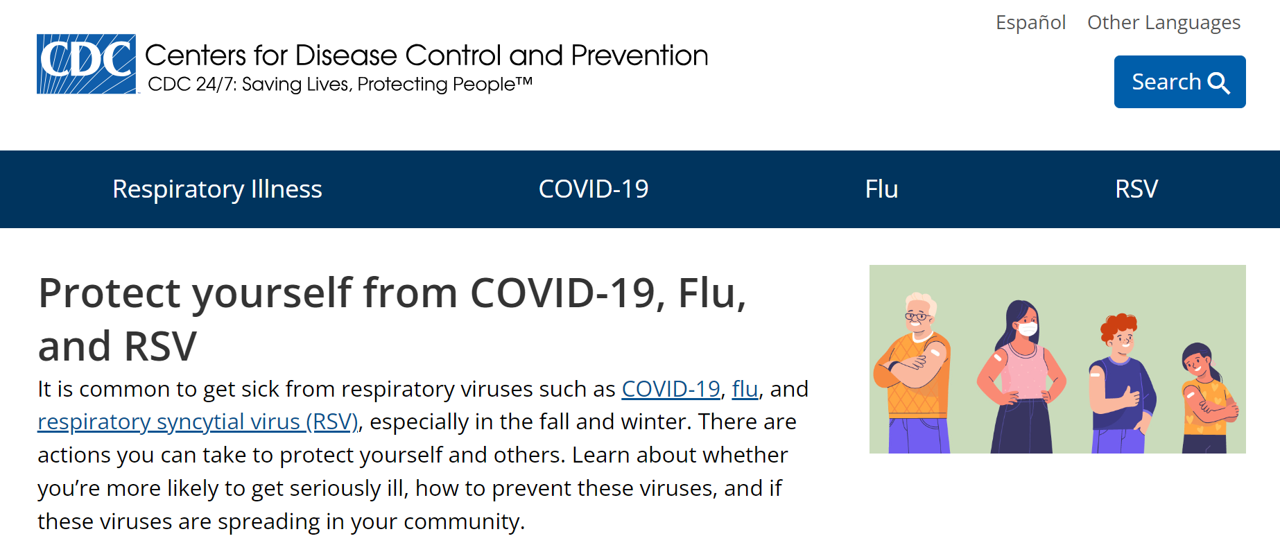 CDC webpage reads 'protect yourself from COVID-19, flu and RSV' and shows a group of four people of varying ages smiling and showing a band-aid on their forearm.