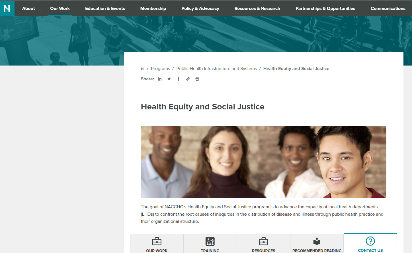 Website screenshot reads 'health equity and social justice' and displays a group of four men and women, representing various racial identities.