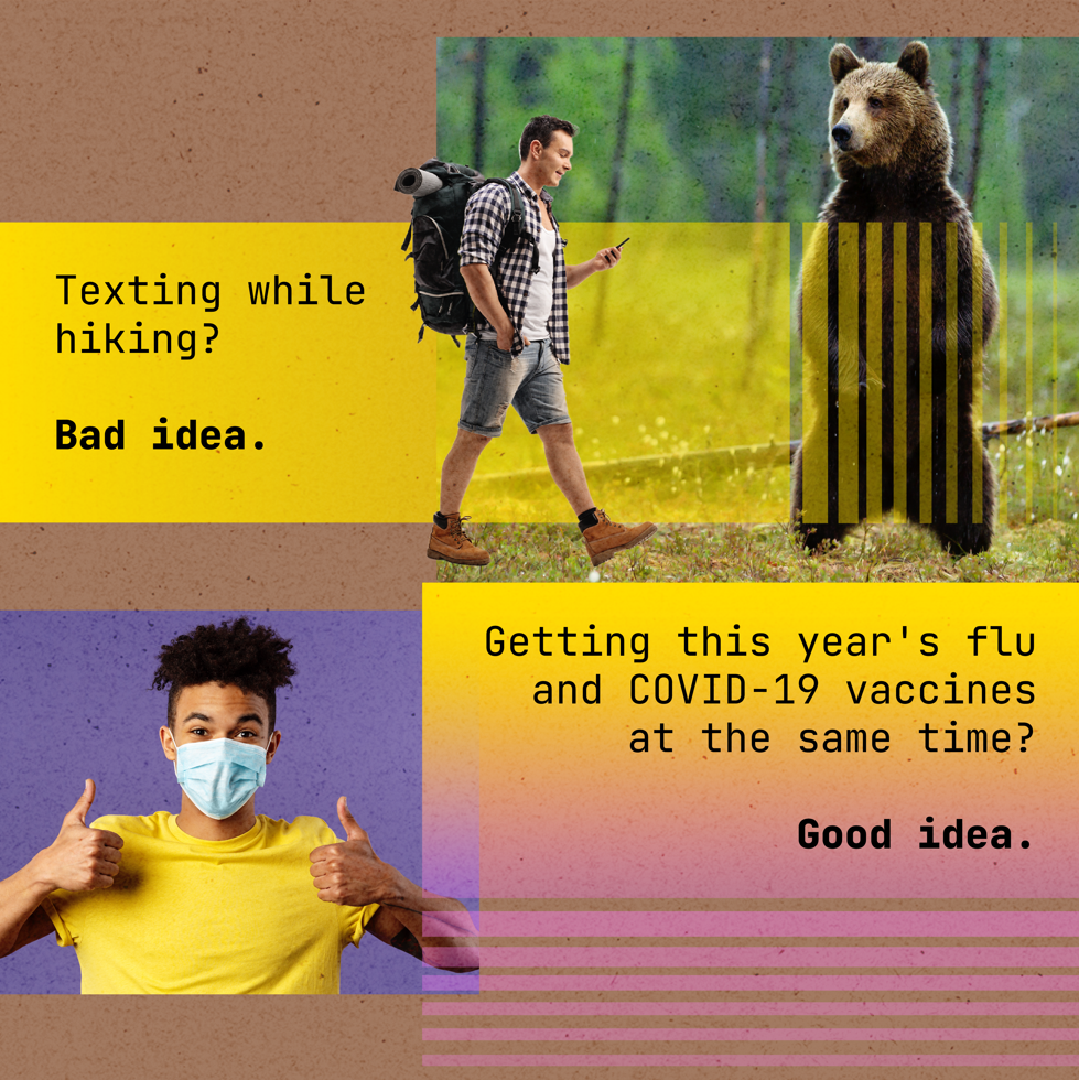 Graphic shows man texting while hiking right next to a bear and a man of color wearing a mask, smiling, and giving two thumbs up.