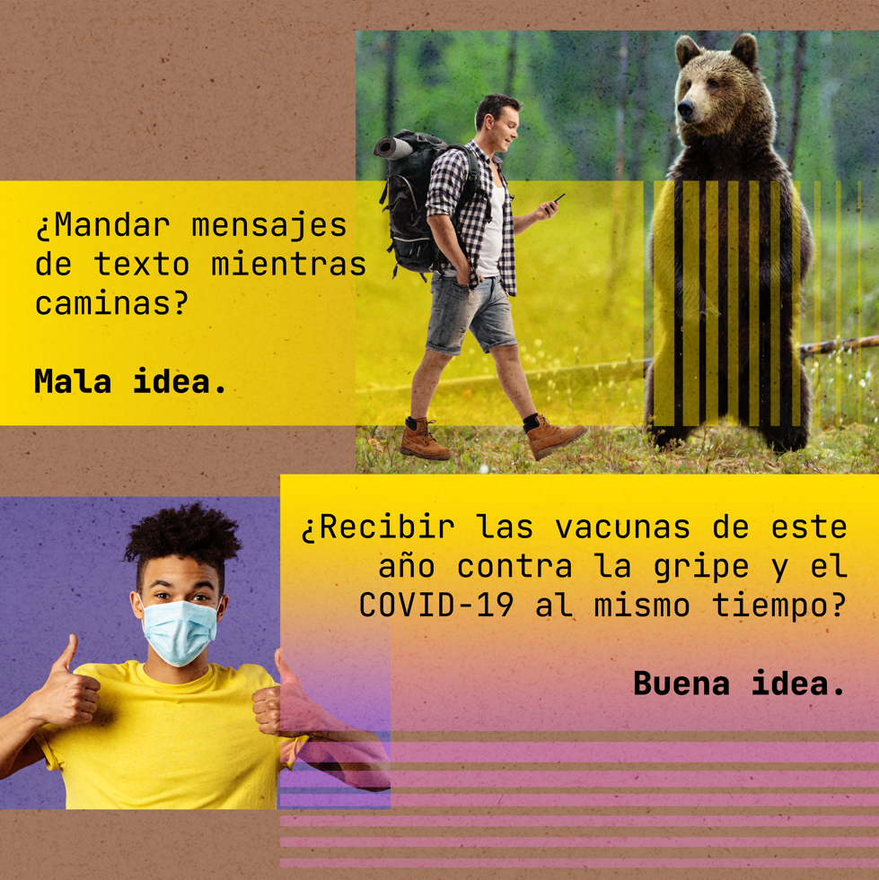 Graphic shows man texting while hiking right next to a bear and a man of color wearing a mask, smiling, and giving two thumbs up.