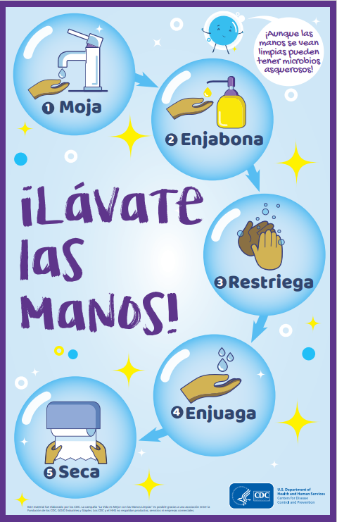 Image of flyer with illustrations showing the 5 steps to wash hands in Spanish (wet, get soap, scrub, rinse, dry). CDC logo is at the bottom.