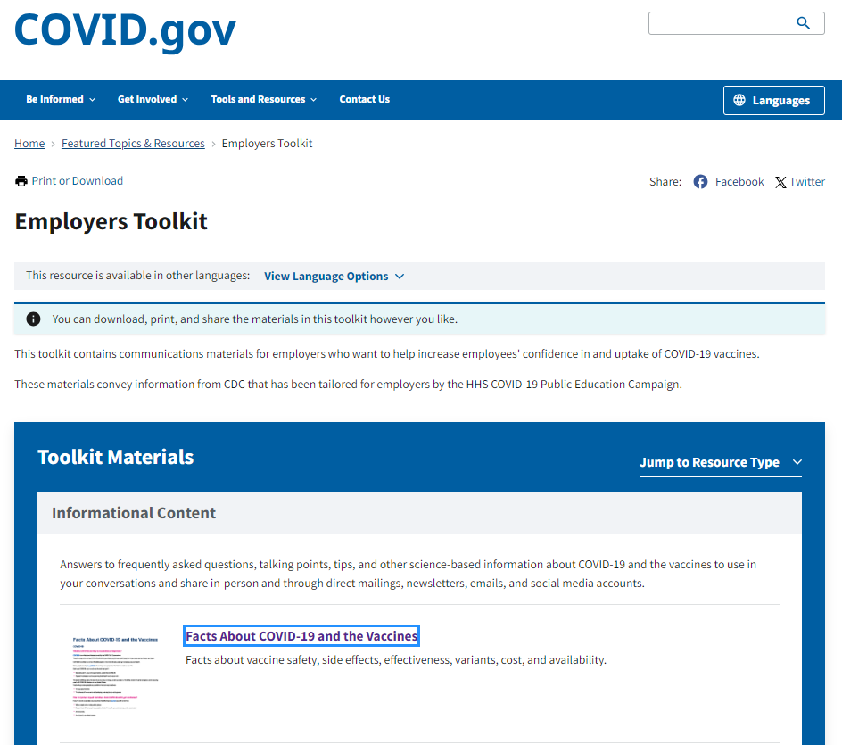 covid.gov webpage