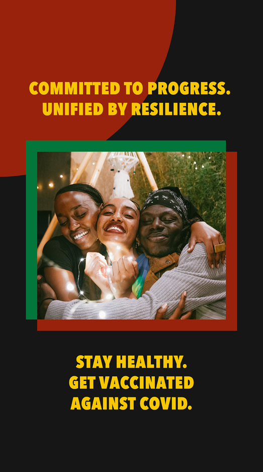 Graphic shows three Black friends with big smiles on their faces, embracing one another.