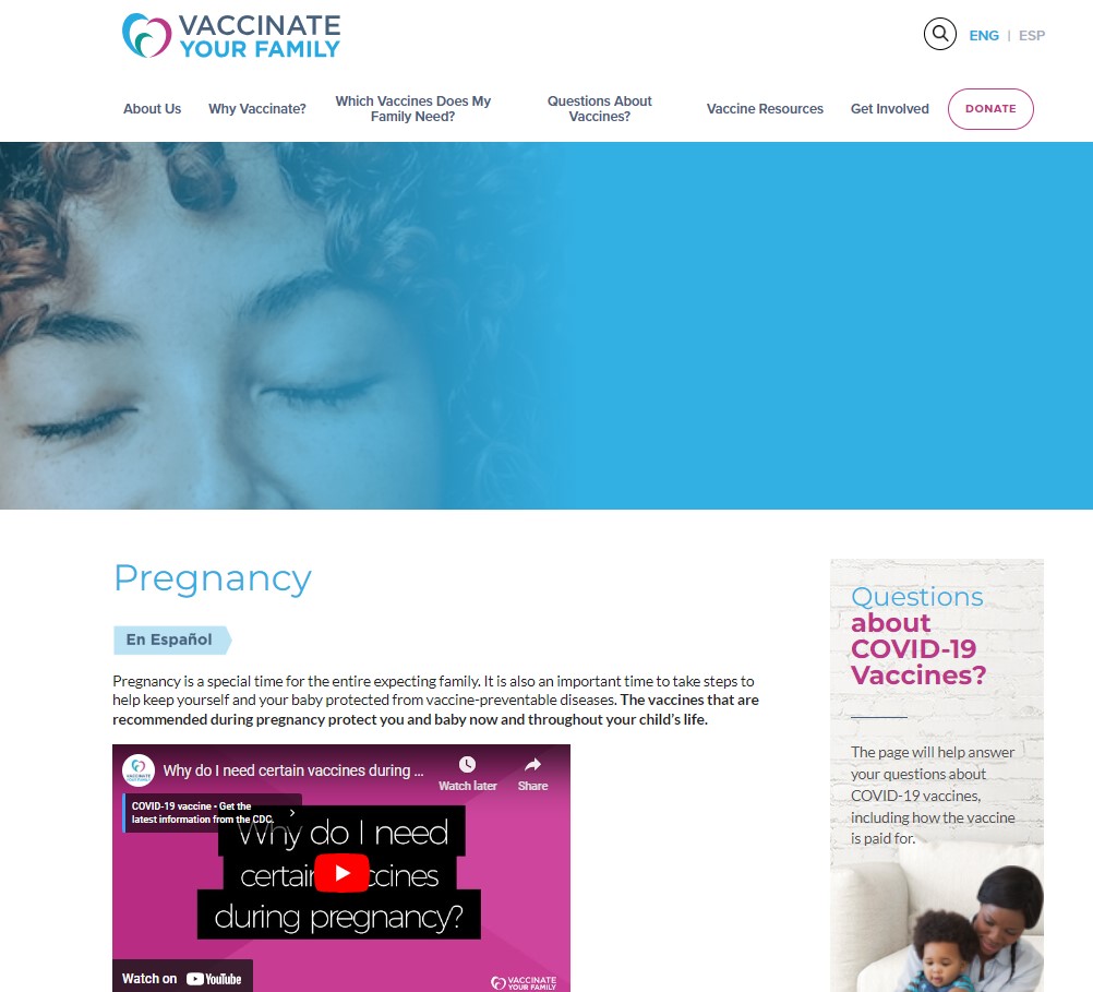 Vaccinate Your Family webpage titled, "Pregnancy"