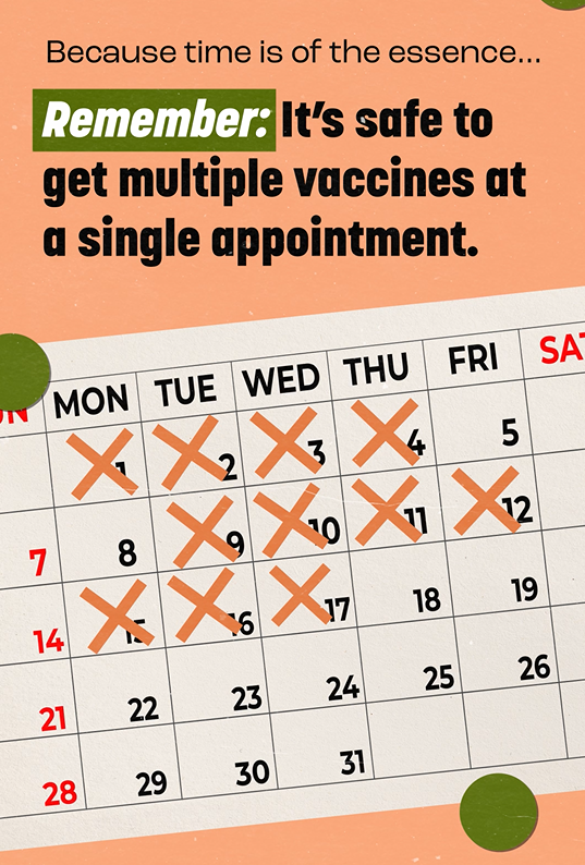Video still shows a monthly calendar with dates crossed off, indicating time is of the essence to get vaccinated.