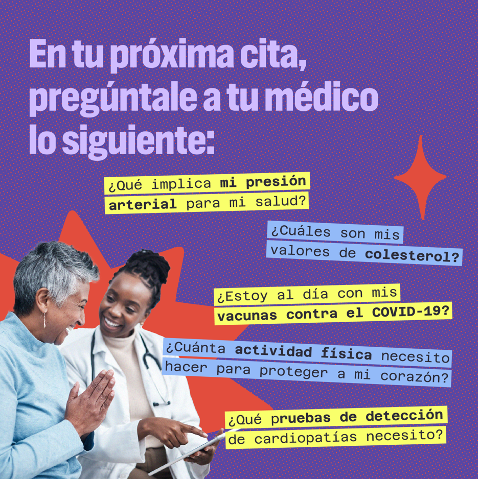 Graphic shows an older Black woman smiling next to her Black doctor while they review her chart. Examples include "Am  I up to date on my COVID-19 vaccines?" in addition to questions related to blood pressure, cholesterol numbers, physical activity and screening tests.