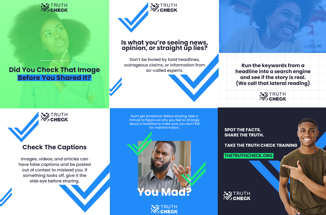 Graphics for social media carousel show four Black people, two smiling and two looking thoughtful and inquisitive.