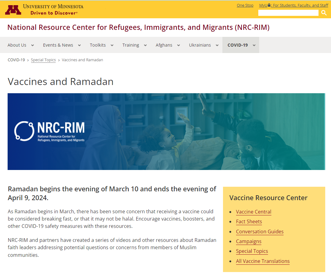 screenshot of the NRC-RIM webpage called Vaccines and Ramadan