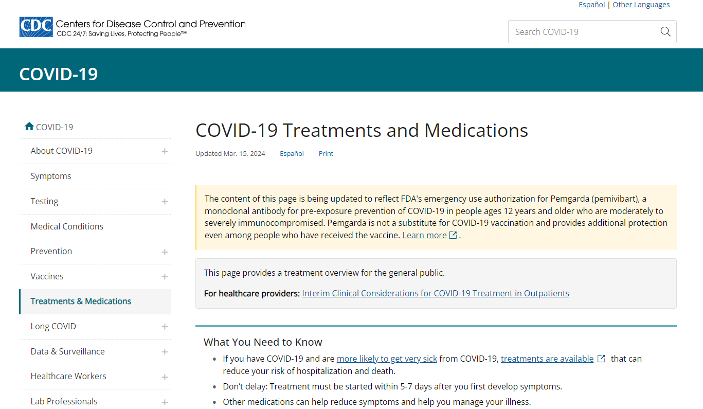 CDC webpage reads COVID-19 treatments and medications.
