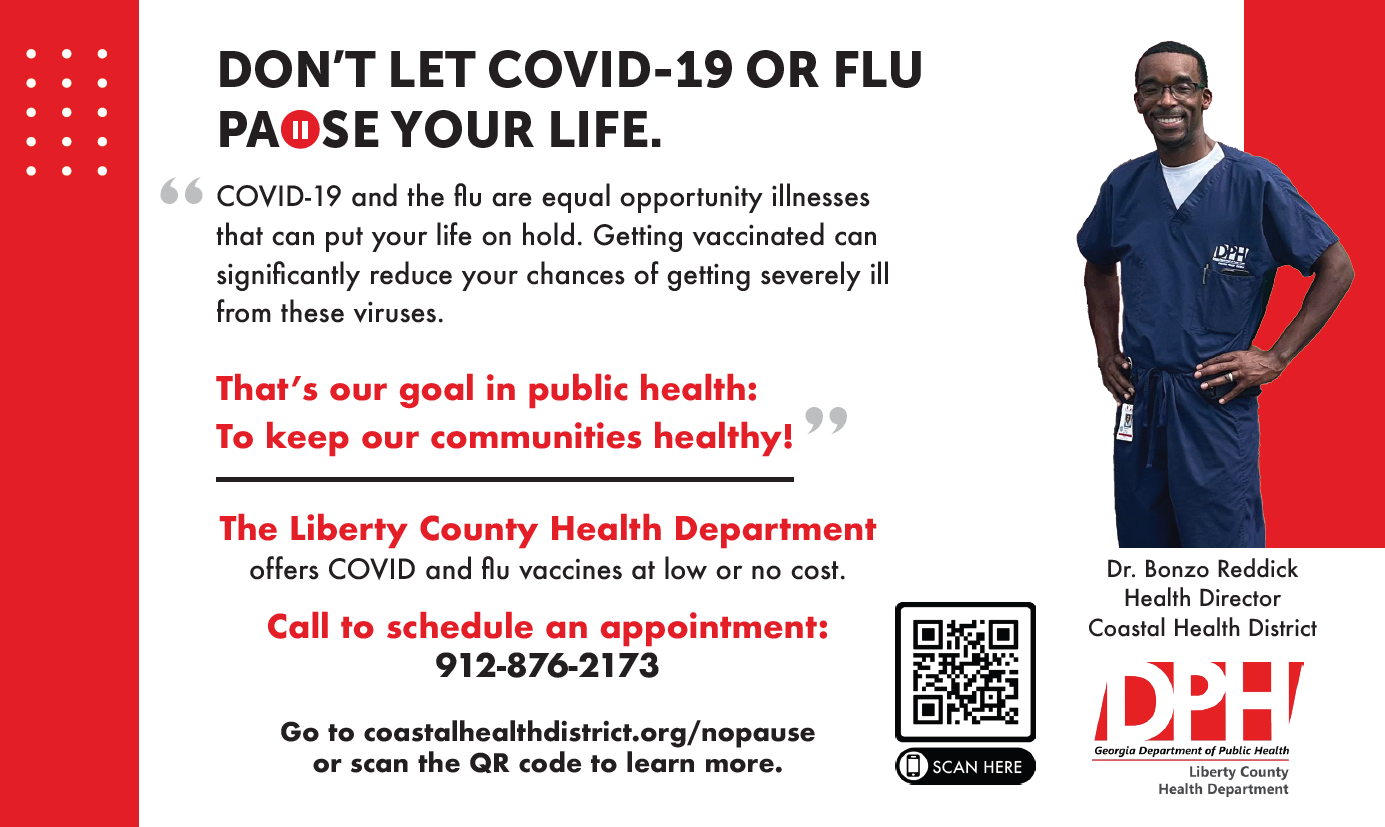 Flyer shows a Black male doctor in scrubs alongside text encouraging readers to get vaccinated.