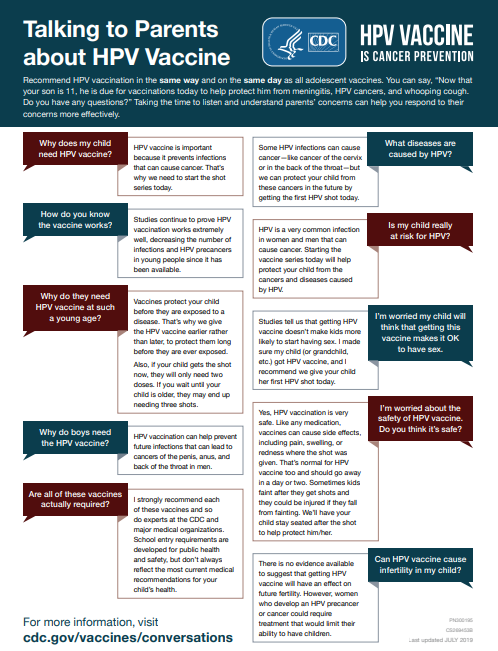 PDF of CDC factsheet entitled "Talking to parents about HPV vaccine.'