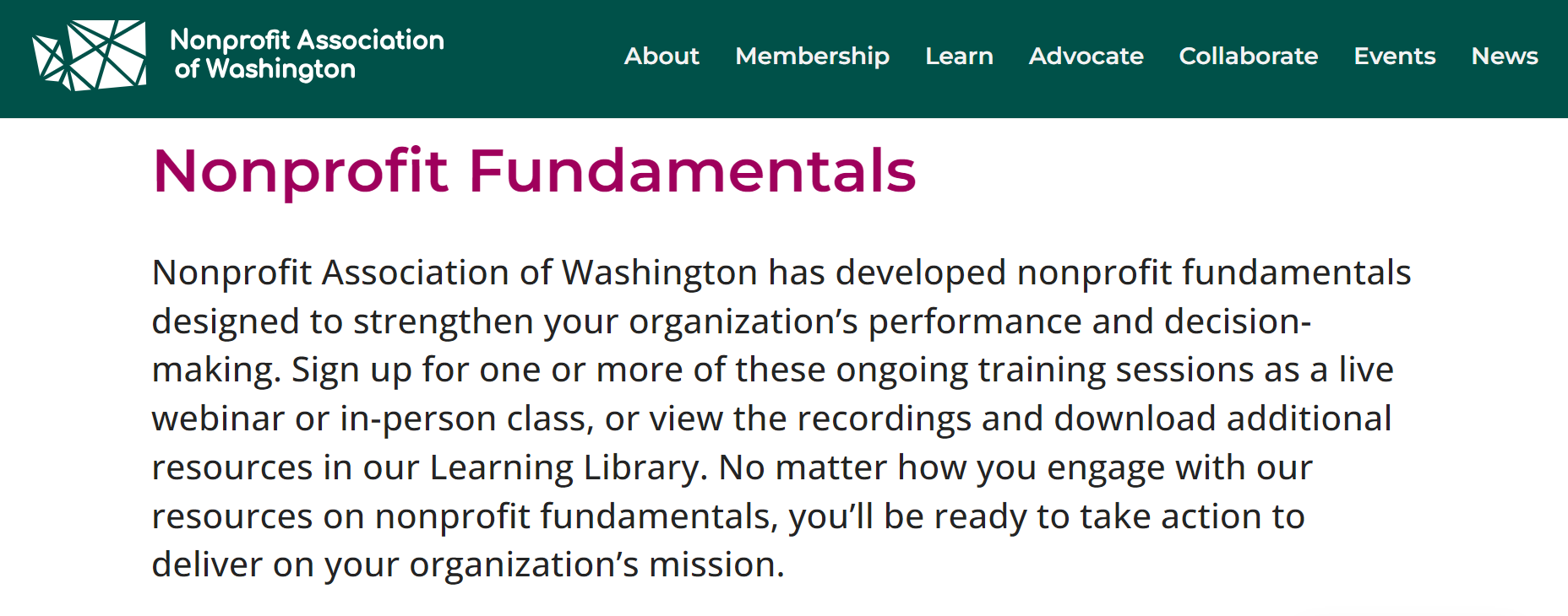 Website page reads 'nonprofit fundamentals.'