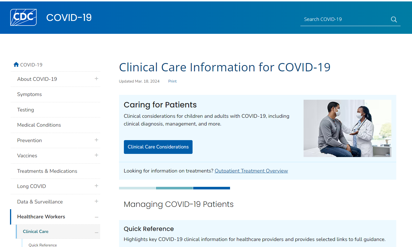 Website by the CDC, with its logo in the top left corner, describing clinical care considerations for COVID-19.
